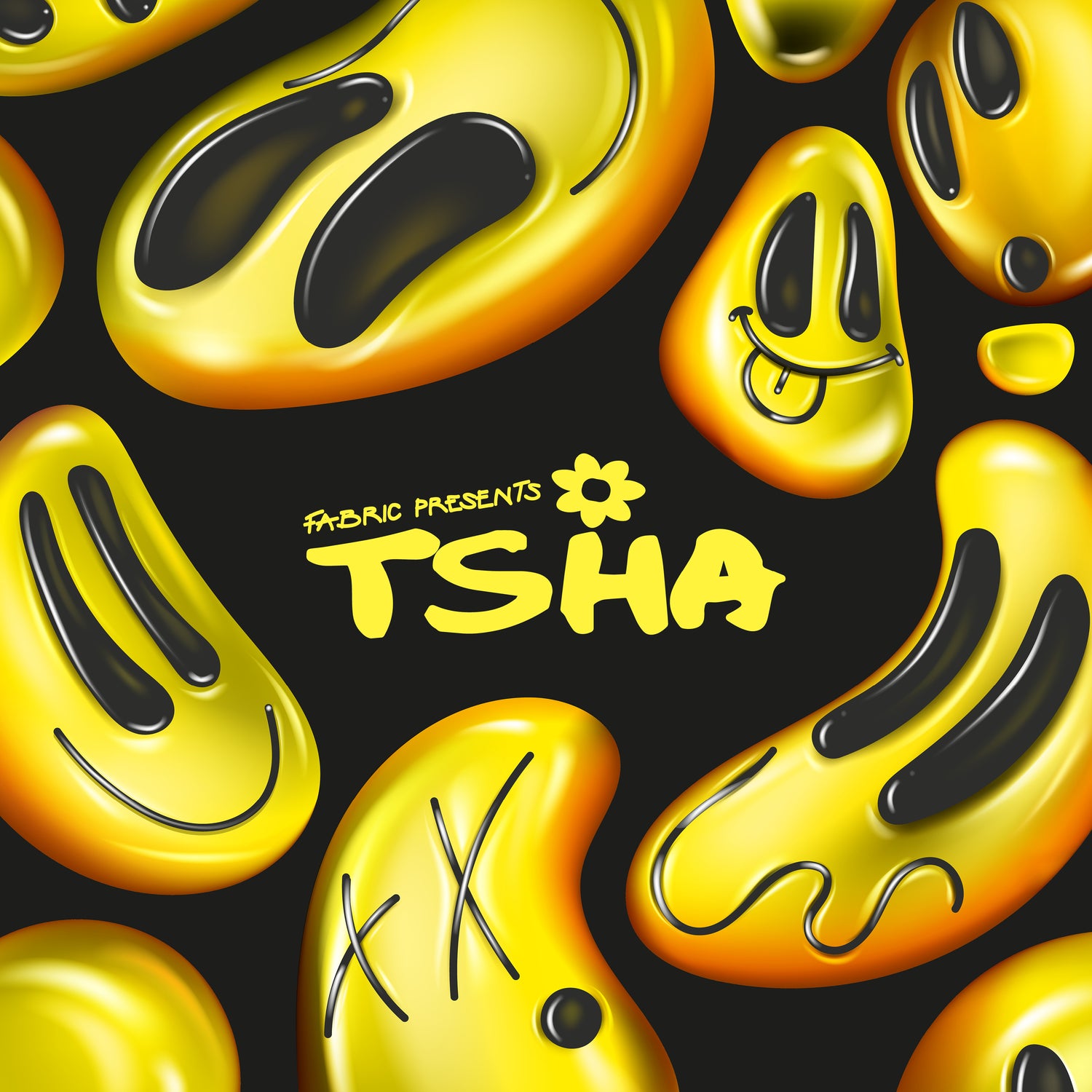 3D morphing raver smiley faces with different expressions around TSHA's logo